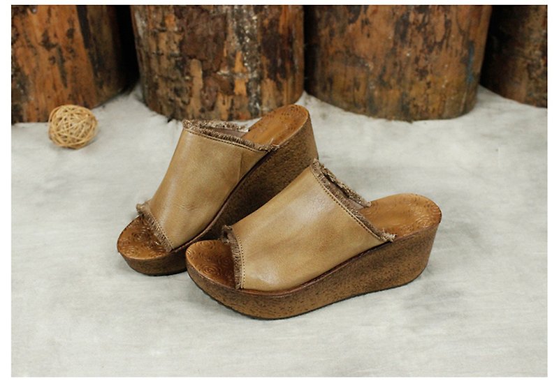 Fringed slippers - Sandals - Genuine Leather Khaki