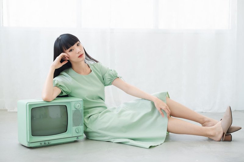 BIRUCHU A-LINE COTTON DRESS - Mint Green - 洋裝/連身裙 - 棉．麻 綠色