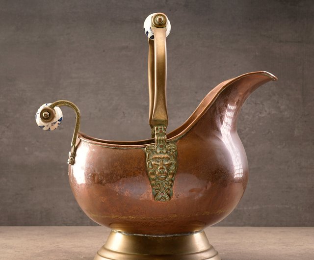 Vintage Dutch brass coal helmkit with handpainted Delft Blue