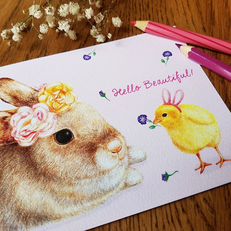 明信片- 美麗小兔與小雞 - 心意卡/卡片 - 紙 粉紅色