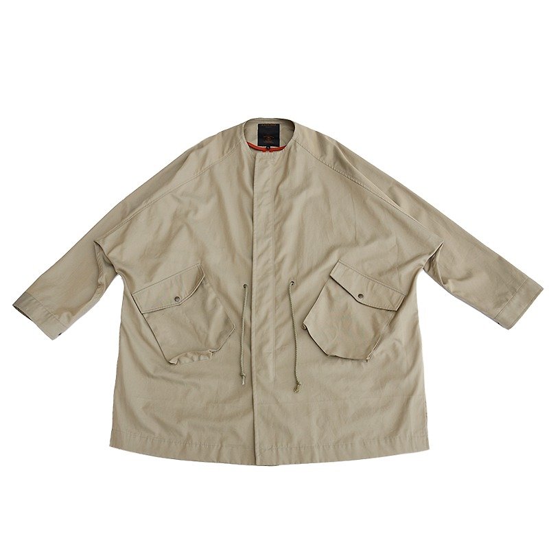 Raglan Sleeve Collarless Large Jacket - เสื้อโค้ทผู้ชาย - ผ้าฝ้าย/ผ้าลินิน สีกากี