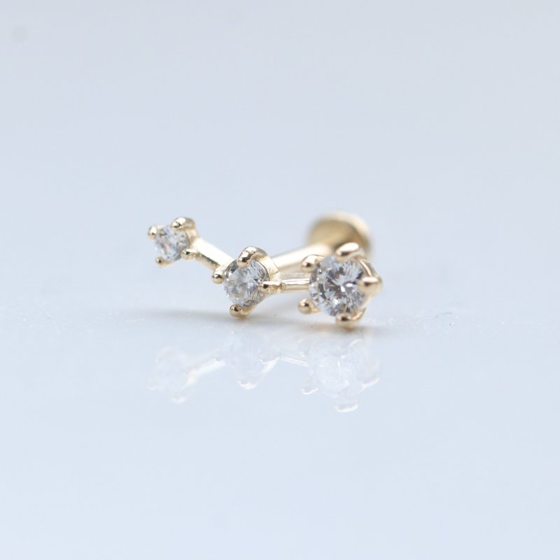 14K three horizontal diamond lock bead earrings (front lock flat bottom round cake) (single) ear bone and ear socket will not fade - ต่างหู - เครื่องประดับ สีทอง