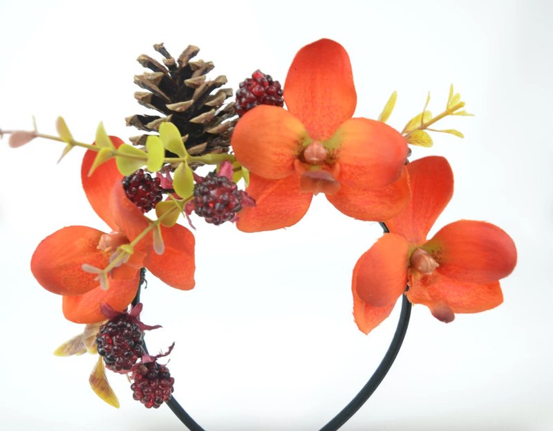 Crown Flower Headpiece in Bright Orange with Silk Flower Orchids and Berries - เครื่องประดับผม - วัสดุอื่นๆ สีส้ม