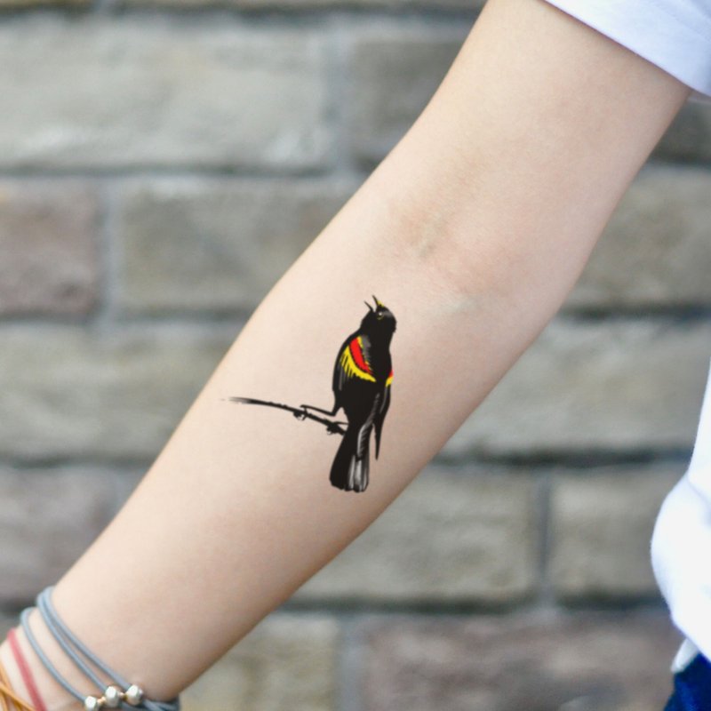 OhMyTat 紅翅黑鳥 Red Winged Blackbird 刺青圖案紋身貼紙 (2張) - 紋身貼紙 - 紙 黑色