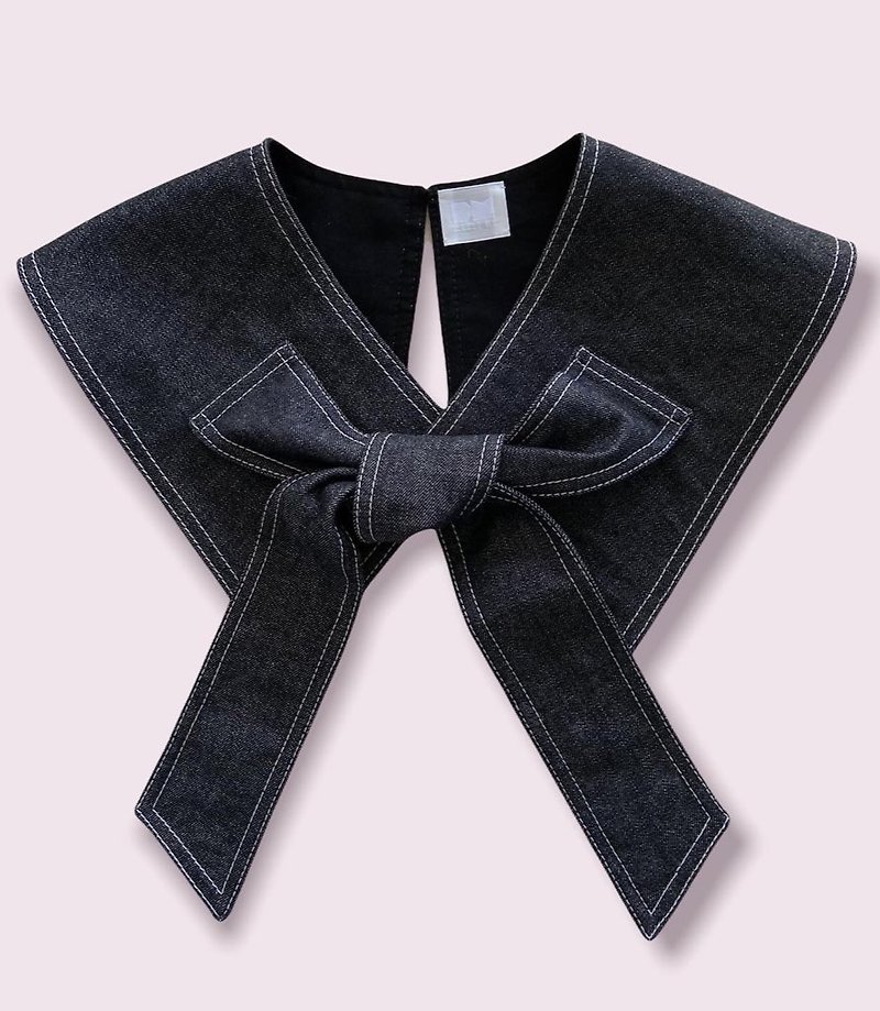 リボンを結んだブラックデニムのつけ襟 - 其他 - 棉．麻 黑色