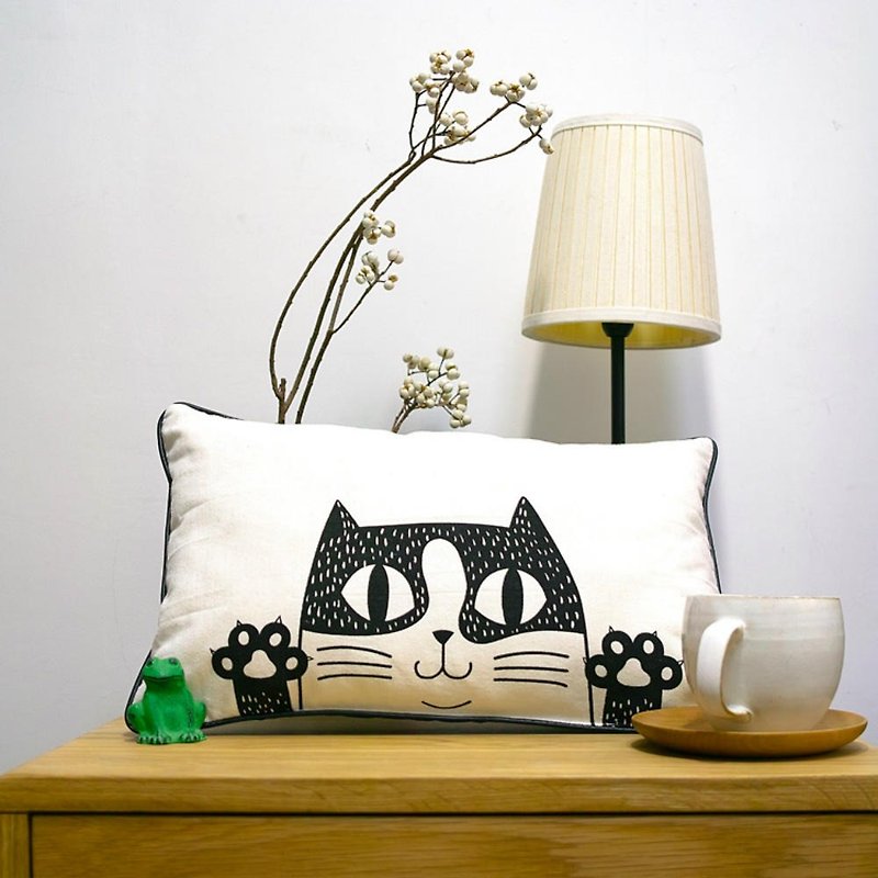 ドッジジュンキャンバスPUレザーステッチクッションオリジナルの手描きの猫無駄な枕のクッションの装飾 - 枕・クッション - コットン・麻 ホワイト