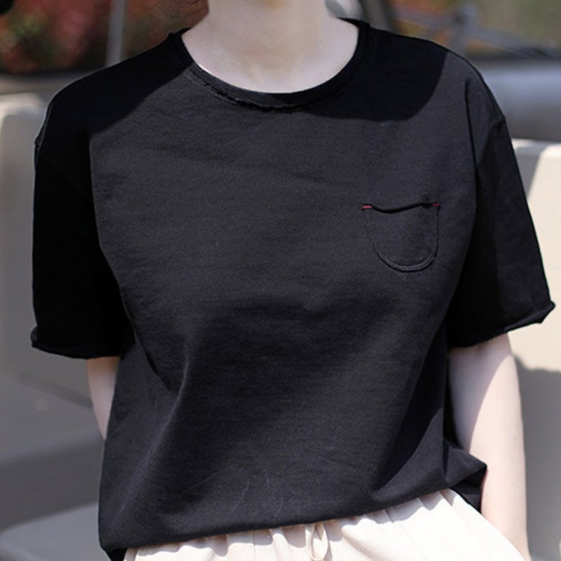 黑色乾爽針織布圓領寬松套頭T恤 - 女 T 恤 - 棉．麻 