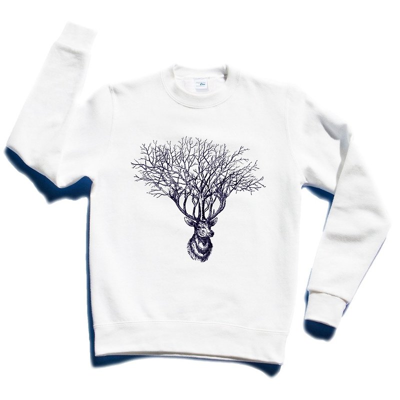 Deer  Tree unisex white sweatshirt - เสื้อผู้หญิง - ผ้าฝ้าย/ผ้าลินิน ขาว