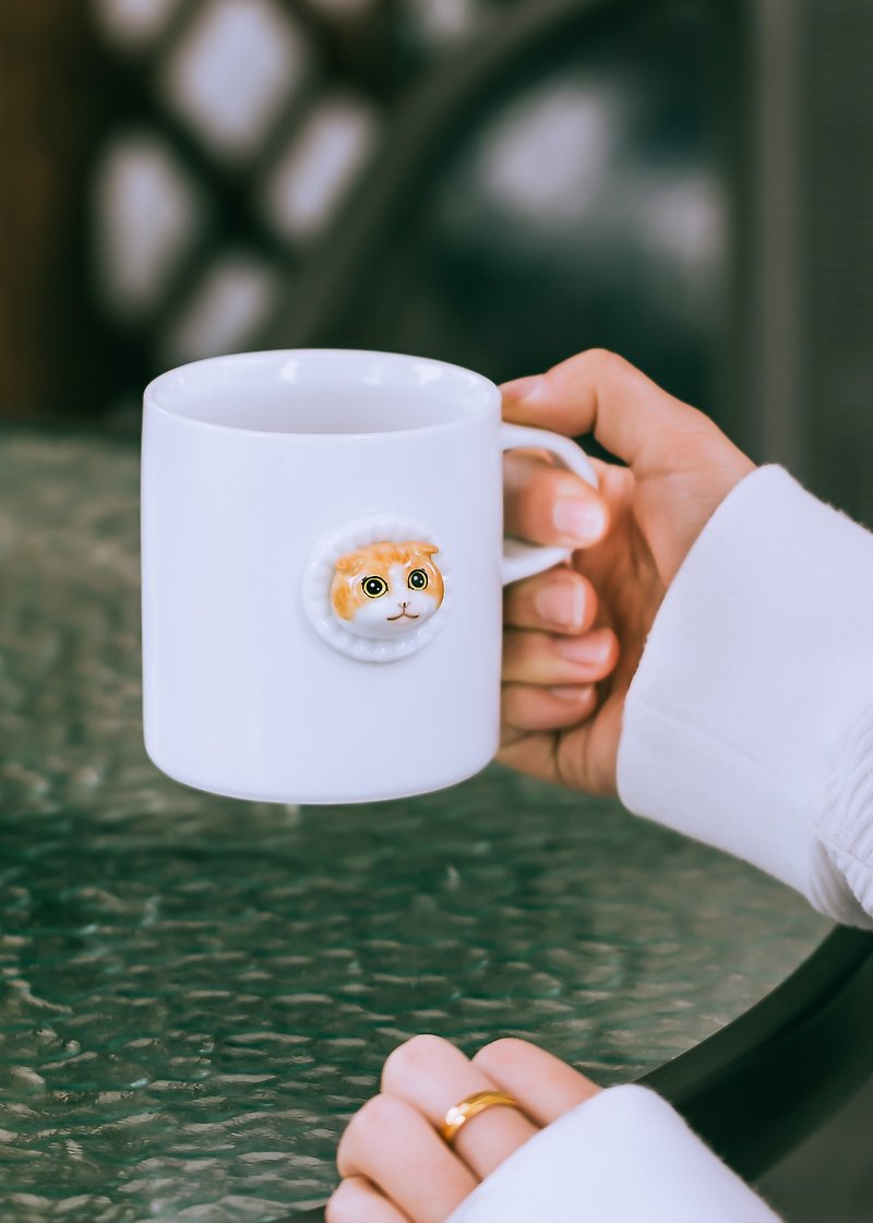 Sanqian Taoshe Folding Ear Meow Mug Cute Pet Three-dimensional Animal Coffee Cup Original Ceramic Gift - Cups - Porcelain 
