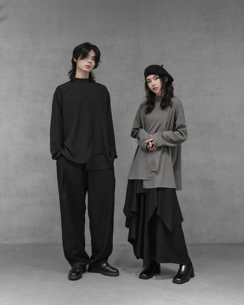 MUKK DESIGN 立領不對稱裁片上衣-黑 - 男襯衫/休閒襯衫 - 聚酯纖維 黑色
