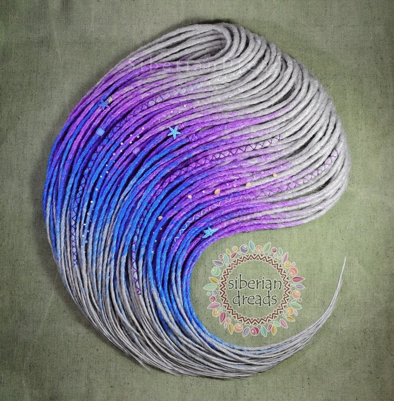 Purple Blue Ombre Crochet Dreadlocks / Based grey tone smooth synthetic dreads - 髮夾/髮圈 - 其他材質 藍色