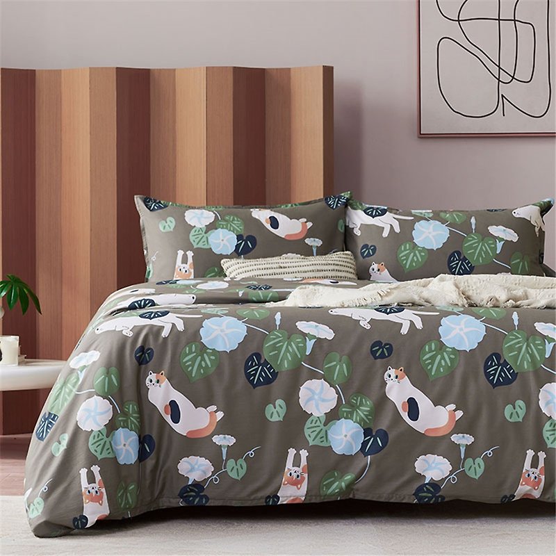 Morning Bull Meow Pillowcase + Quilt Cover Two-piece Set Single Double Original Hand-painted Cat 40 Cotton Bed Bags Purchased separately - Bedding - Cotton & Hemp Green