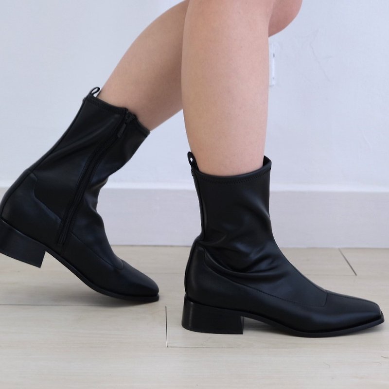 Simple plain low-heeled thin boots women's black all-match Korean boots - Women's Booties - Genuine Leather 