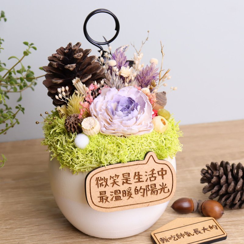 紫夢 浪漫乾燥花盆栽 名片夾 客製字牌 | 桌花禮物兒童生日母親節 - 名片架/名片座 - 木頭 紫色