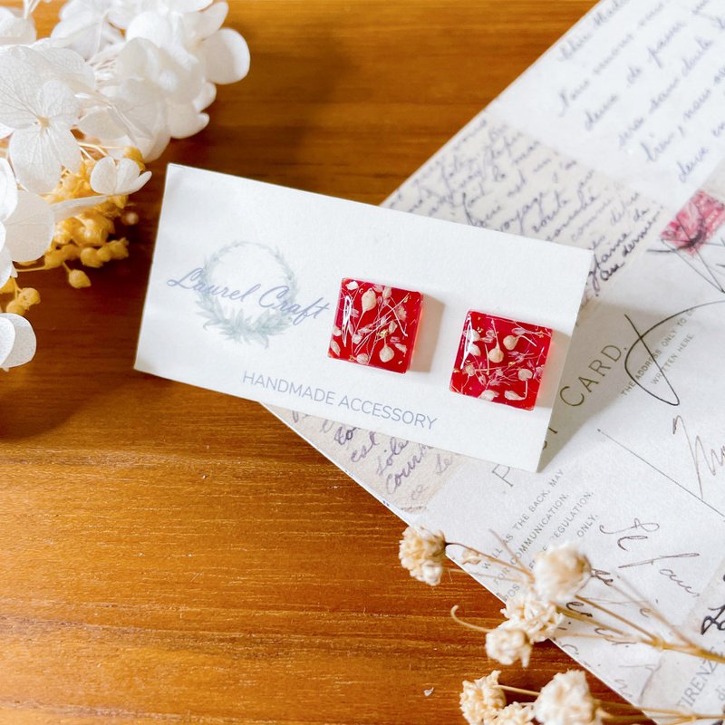 Morandi series scarlet liberty square 925 silver earrings/ clip on - ต่างหู - พืช/ดอกไม้ สีแดง