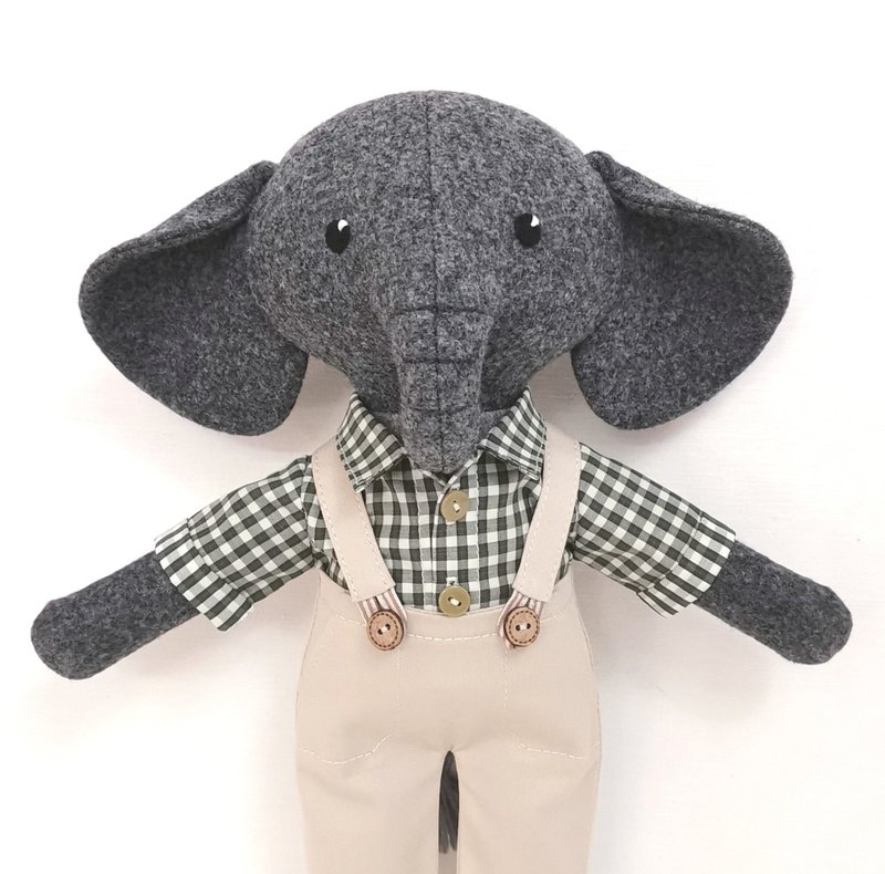 Gray elephant boy, textile stuffed doll, handmade plush elephant toy - 公仔/玩偶 - 羊毛 灰色