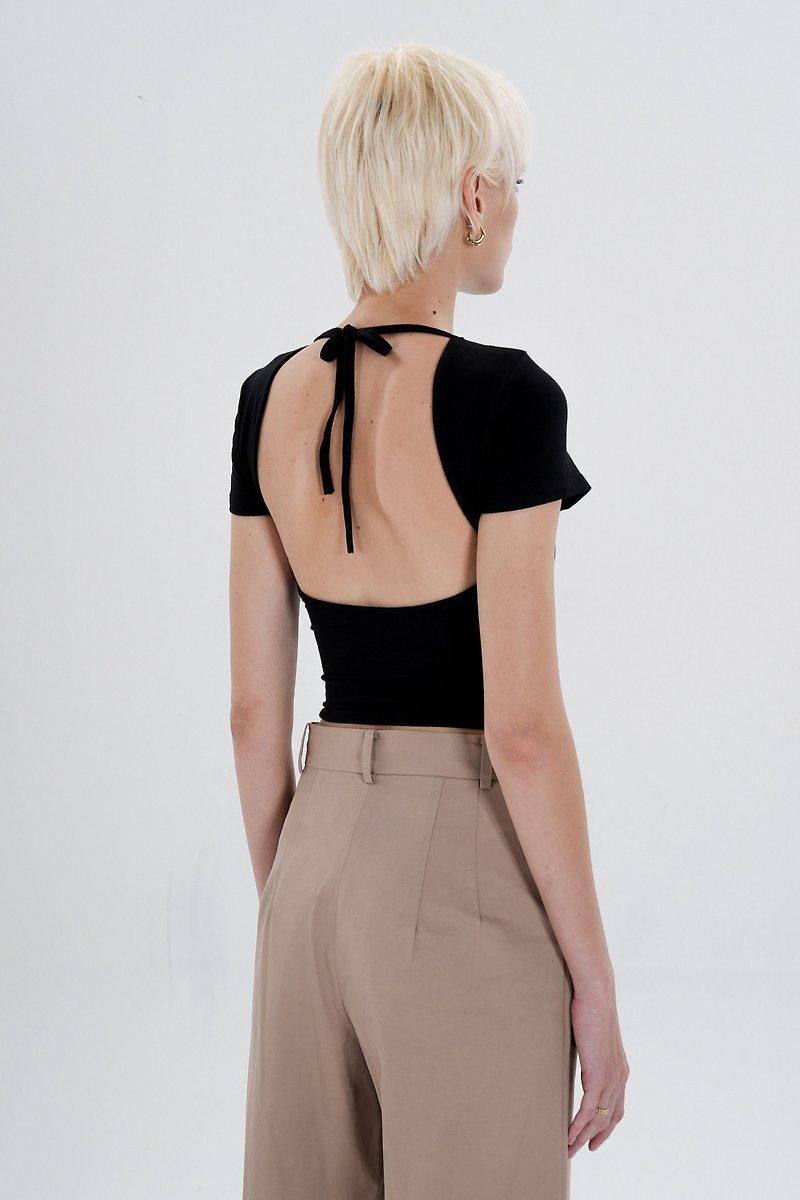 Modal Back Strap Bra Short Sleeve Top - Black - เสื้อผู้หญิง - ผ้าฝ้าย/ผ้าลินิน สีดำ
