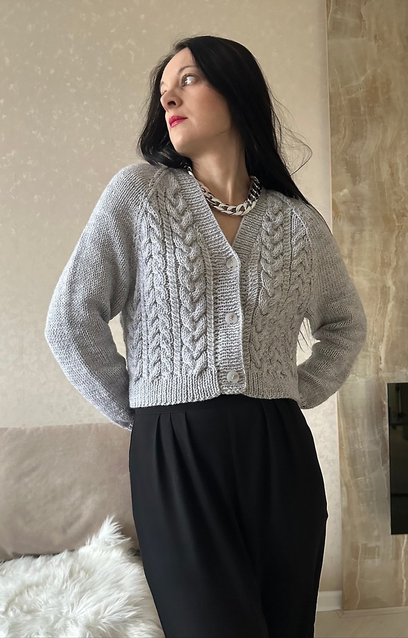 Gray sweater jacket Button long sleeve top Cable knit crop sweater Wool cardigan - Women's Sweaters - Wool 