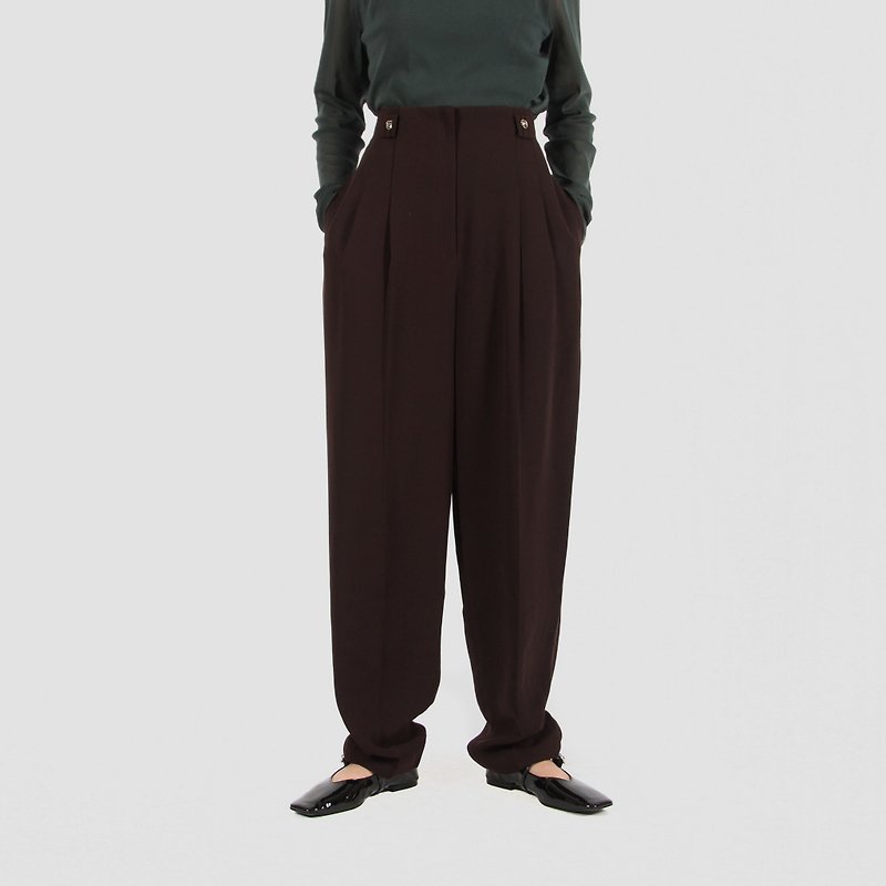[Egg Plant Vintage] Oolong Tea High Waist Pleated Vintage Pants - Women's Pants - Polyester Brown