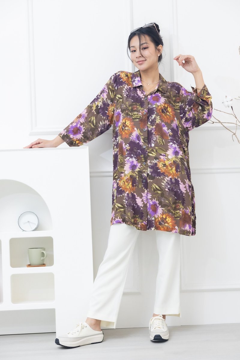 紫黃菊多色大花長版襯衫 棕色底 - 女襯衫 - 其他材質 咖啡色