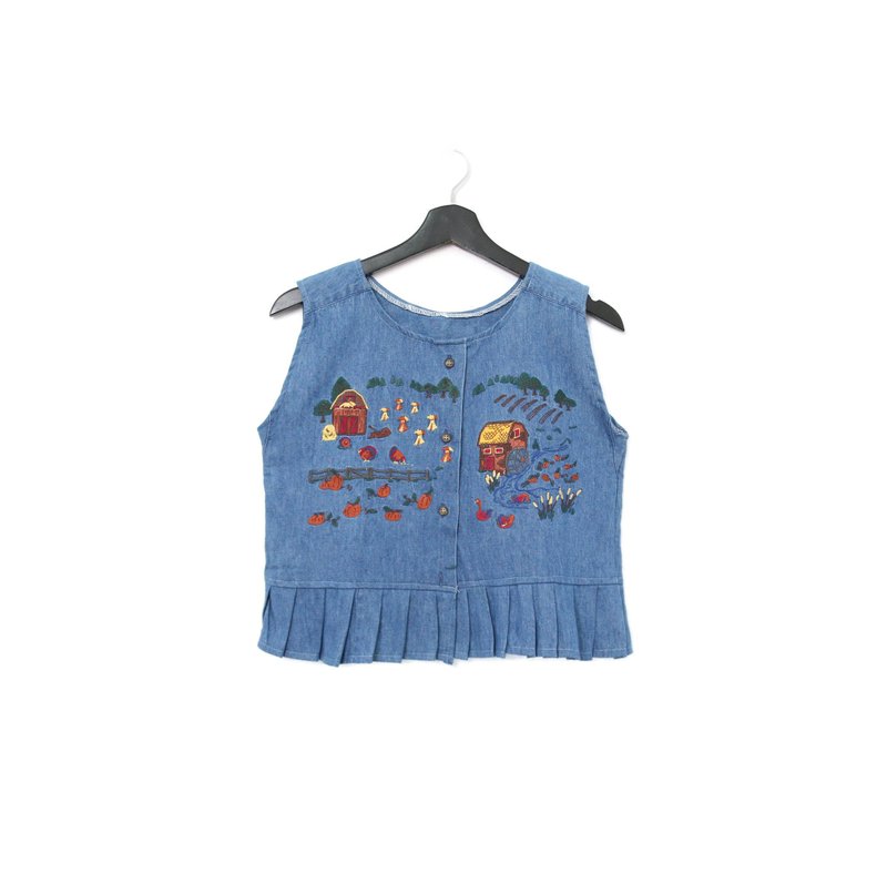 Back to Green-丹寧刺繡背心 深藍 木屋河川 dv-09//vintage vest - 背心/無袖上衣 - 棉．麻 