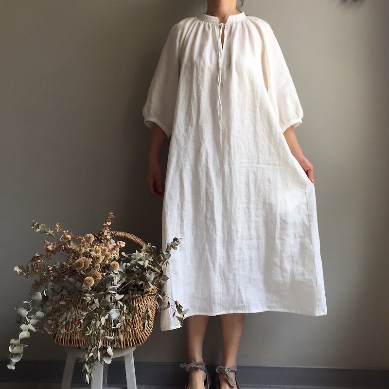 *White Forest*Rice White Small Stand Collar Puff Sleeve Strap Long Dress / Air Sense - One Piece Dresses - Cotton & Hemp White