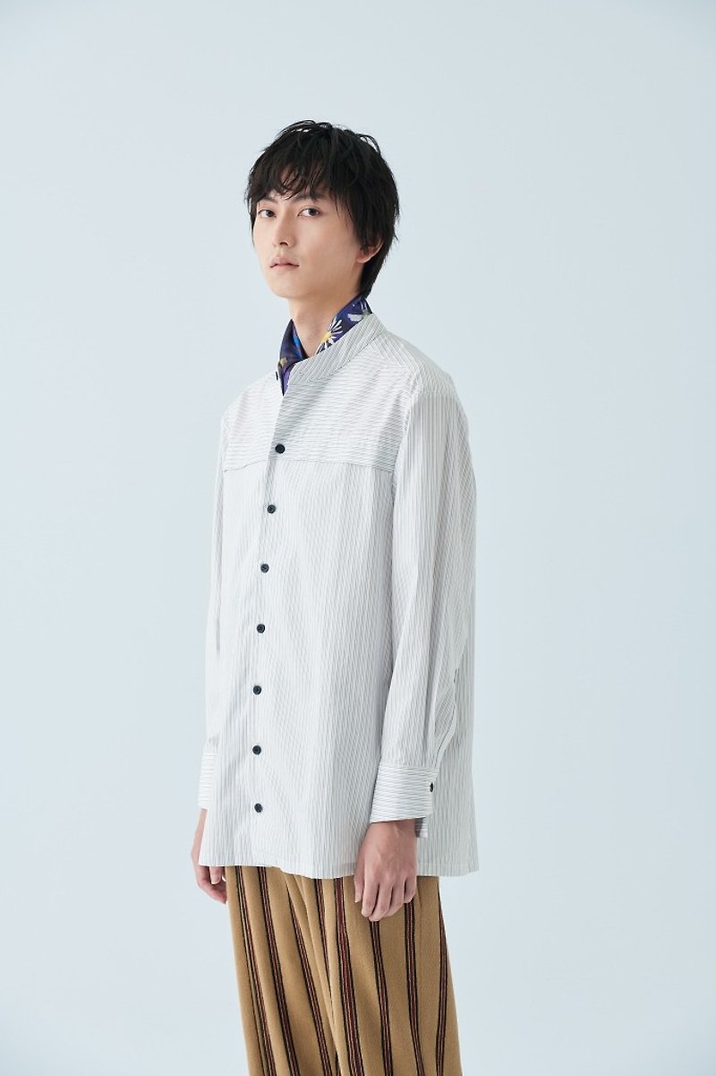 條紋圓領襯衫 - 男襯衫/休閒襯衫 - 棉．麻 白色