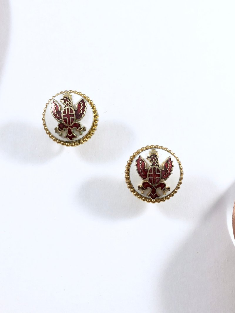 Vintage Enamel Royal Eagle Crest Earrings - ต่างหู - เครื่องประดับ สีทอง