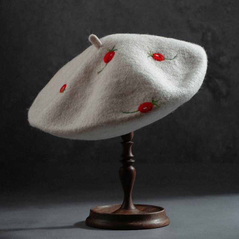 軻人原創手工羊毛氈針氈紅色果子貝雷帽畫家帽趣味帽子蓓蕾帽森女 - 帽子 - 羊毛 