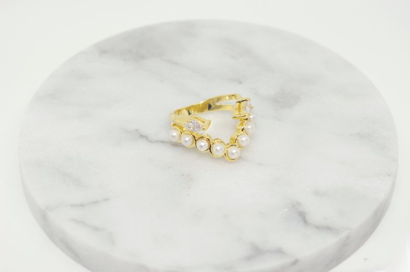 珍珠戒指 V型珍珠戒指 水滴鋯石 - 戒指 - 其他金屬 金色