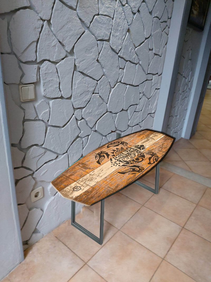 Surfboard shaped antique style wooden bench, Turtle, Surfing gift - 其他家具 - 木頭 多色