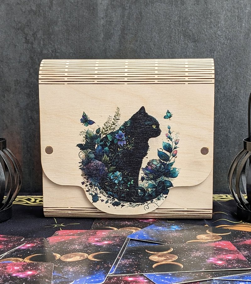 Mystic Black cat tarot box tarot card storage with magic watercolor art - 居家收納/收納盒/收納用品 - 木頭 