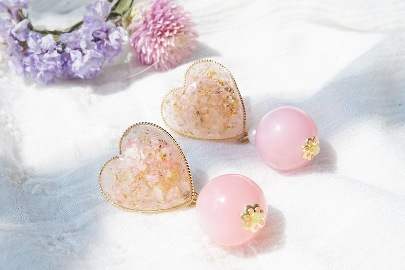 Pierce Weibo ピ ア ス - Pink Girl Girl Heart Earrings - Earrings & Clip-ons - Plants & Flowers Pink