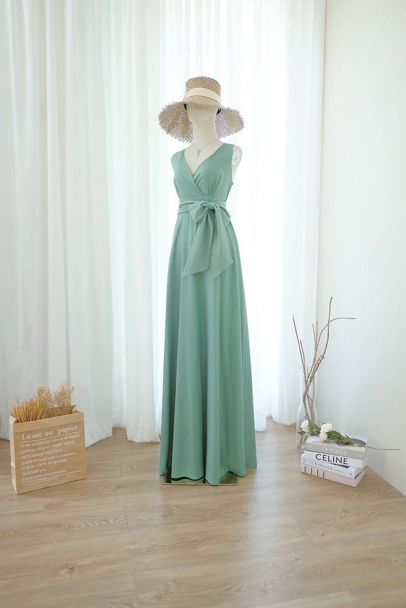 Sage Green dress Maxi bridesmaid dress cocktail prom party vintage dress - 連身裙 - 聚酯纖維 綠色