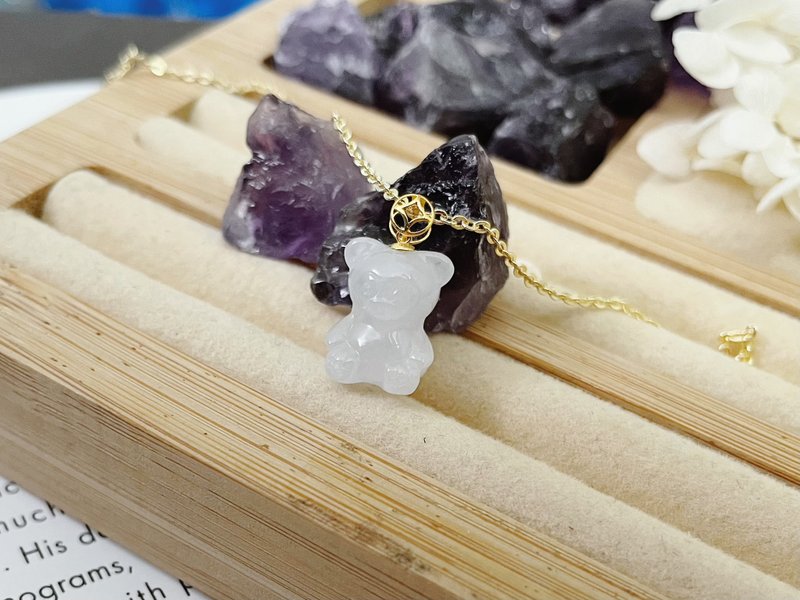 18K純金 天然緬甸A貨翡翠 金錢扣小熊 吊墜 - 吊飾/掛飾 - 貴金屬 白色