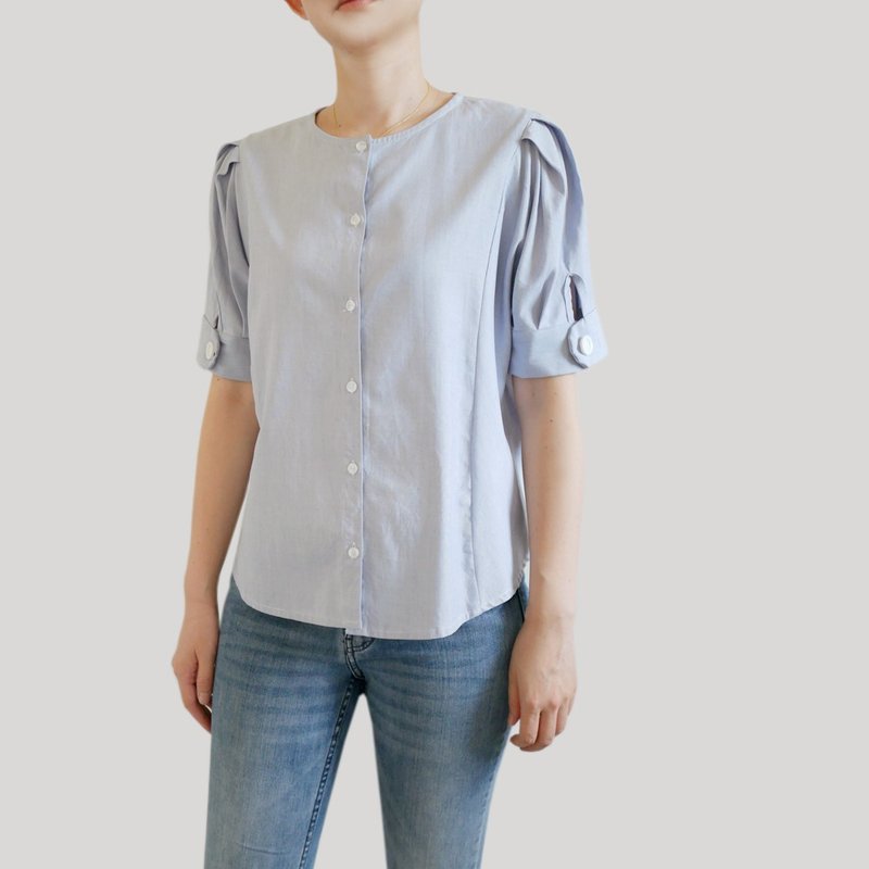 Sky Blue Denim Half Puff Sleeve Shirt - Women's Tops - Cotton & Hemp Blue