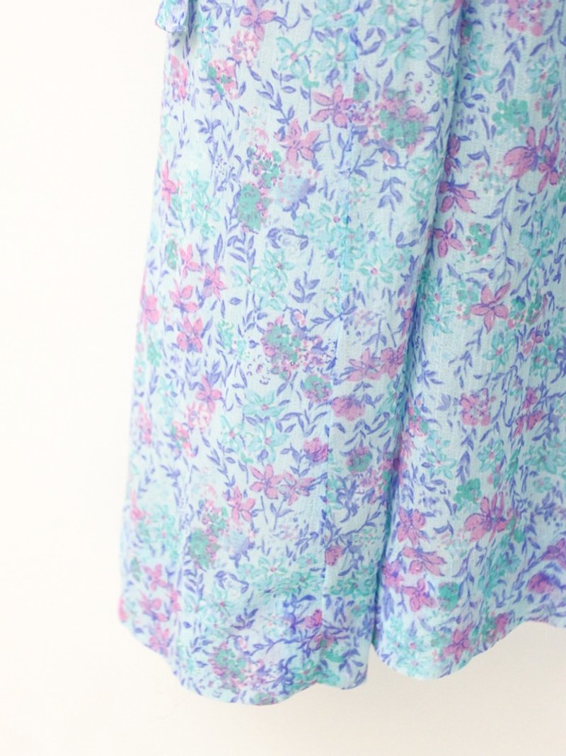【RE0614D1204】 early summer forest system fresh retro water blue and purple floral short-sleeved ancient dress - ชุดเดรส - เส้นใยสังเคราะห์ สีน้ำเงิน
