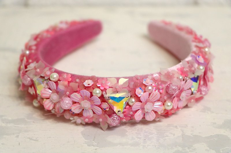 Pink crystal perls headband Bridal gentle flowers tiara Diadem with flowers - Headbands - Glass Pink
