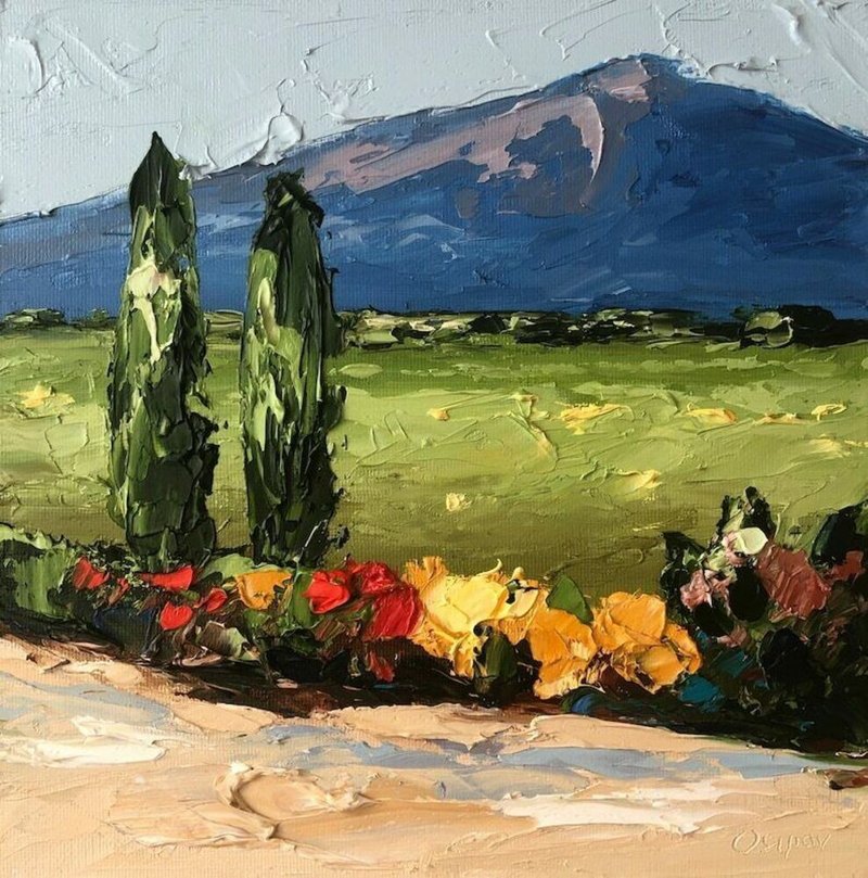 Original Oil Painting On Canvas Mountain Landscape Trees Painting Impasto Art - 壁貼/牆壁裝飾 - 棉．麻 多色