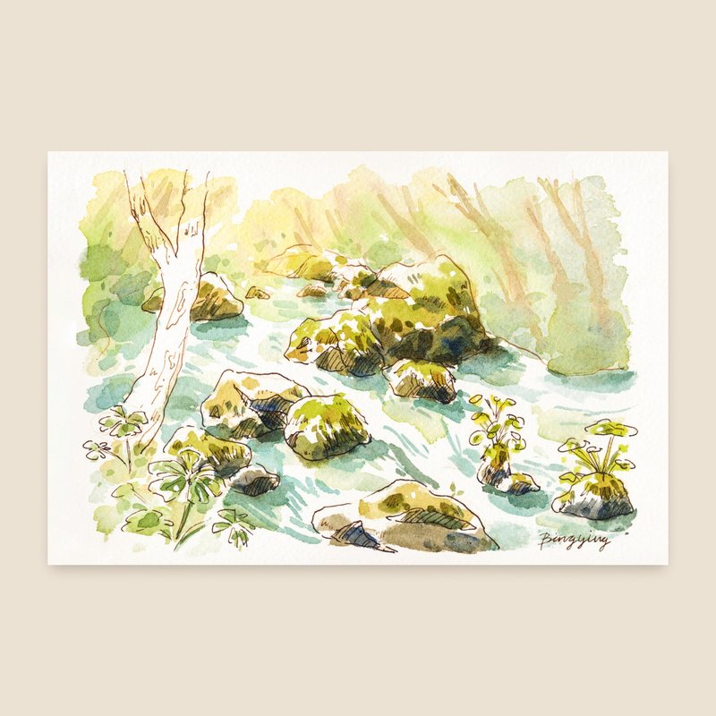 日本青森溪谷 水彩旅行明信片單張 - 卡片/明信片 - 紙 
