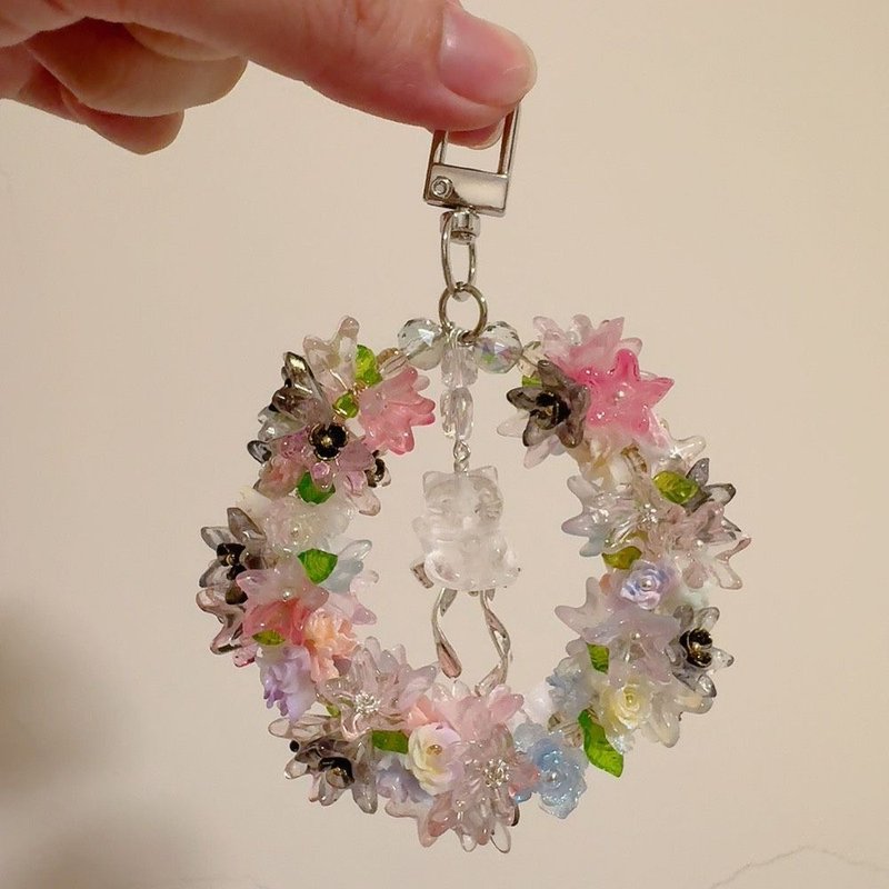 白水晶招財貓琉璃花圈鑰匙圈 - 鑰匙圈/鑰匙包 - 琉璃 透明