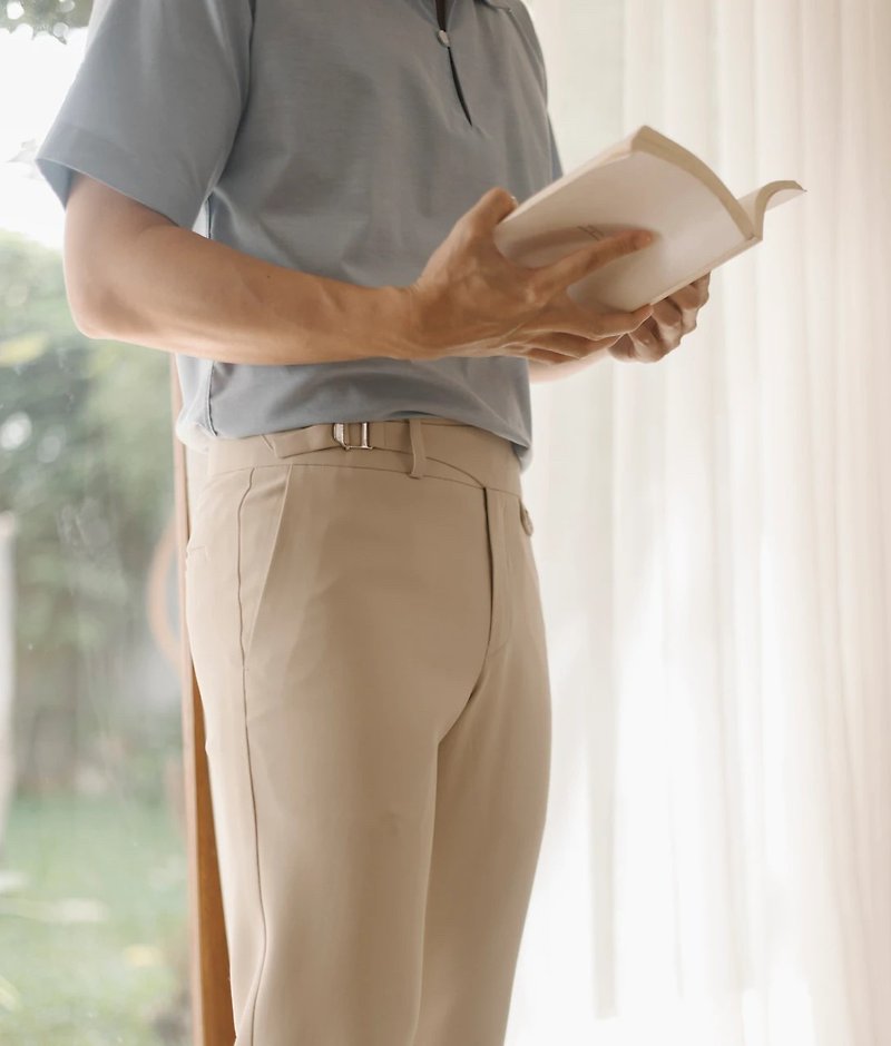 Beige wool - belt waist trousers - Men's Pants - Cotton & Hemp Gold