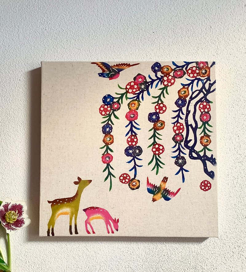 Hand-dyed bingata/square fabric panel of a parent and fawn looking up at weeping cherry blossoms/30cm x 30cm [Free shipping within Japan] [Please refer to shipping charges outside of Japan] - Other - Other Materials White