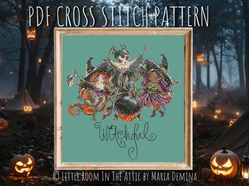 Three Witches Halloween PDF cross stitch pattern - 手工藝教學/工具書 - 其他材質 