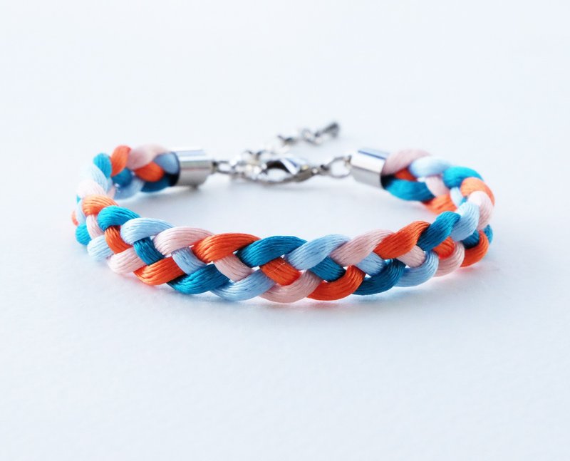 Blue tone & orange braided bracelet - 手鍊/手環 - 其他材質 橘色
