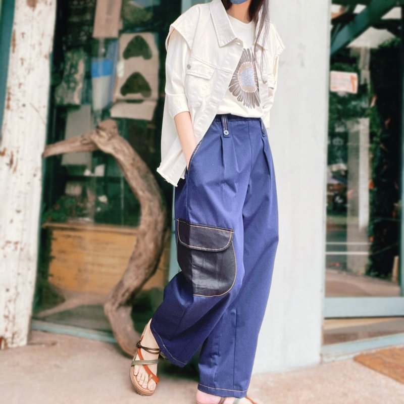 Blue flap bag stitching trousers #U2039 - Women's Pants - Cotton & Hemp Blue