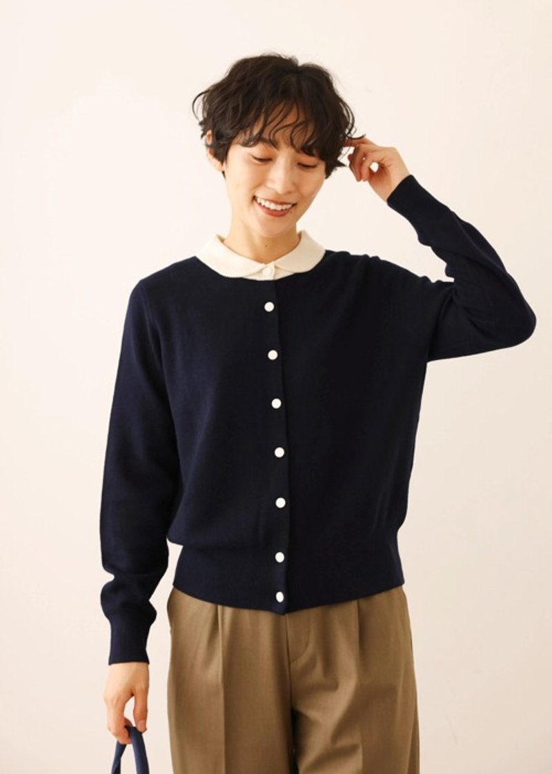 Eye-catching color scheme design Round collar cardigan Autumn/winter wool cardigan Navy blue 241017-1 - เสื้อผู้หญิง - วัสดุอื่นๆ 