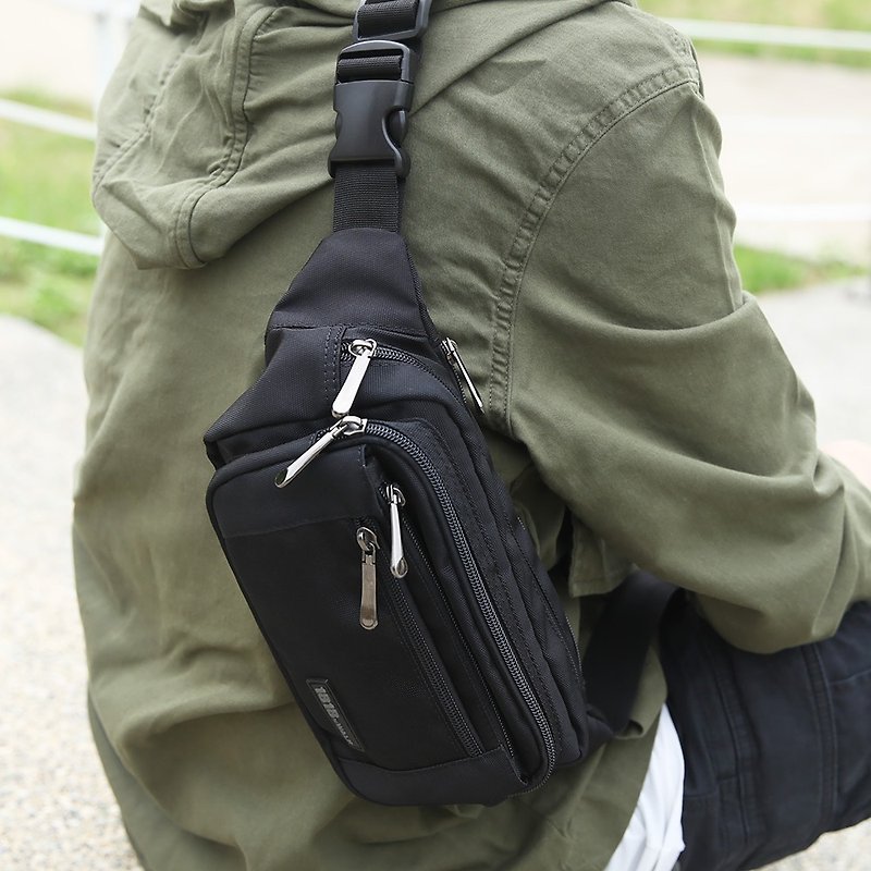 CHENSON men's tear-resistant 1680 strands 5-pocket waist bag chest bag black (X19010-3) - กระเป๋าแมสเซนเจอร์ - ไนลอน สีดำ