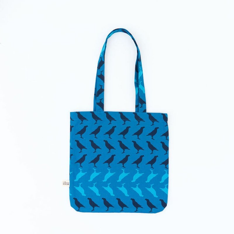 Rounded Square Shopping Bag/Taiwan Starling No. 5/Lake Blue (Extended Handle) - กระเป๋าถือ - ผ้าฝ้าย/ผ้าลินิน สีน้ำเงิน