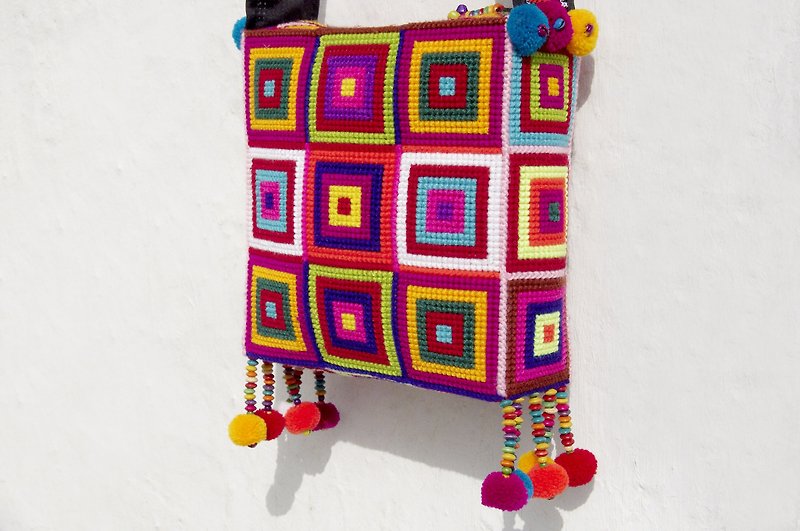 Christmas gift exchange gift Christmas market limited one handmade crochet side backpack / shoulder bag / tote bag / cross-body bag / woven bag / wayuu style embroidery bag-South American style square geometric square woven bag - Clutch Bags - Wool Multicolor